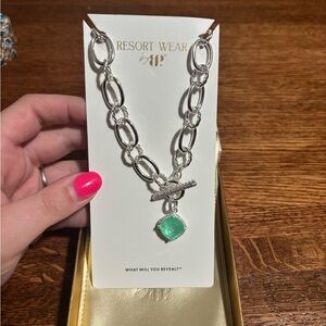 Resort Wear Silver Necklace with Green Pendant